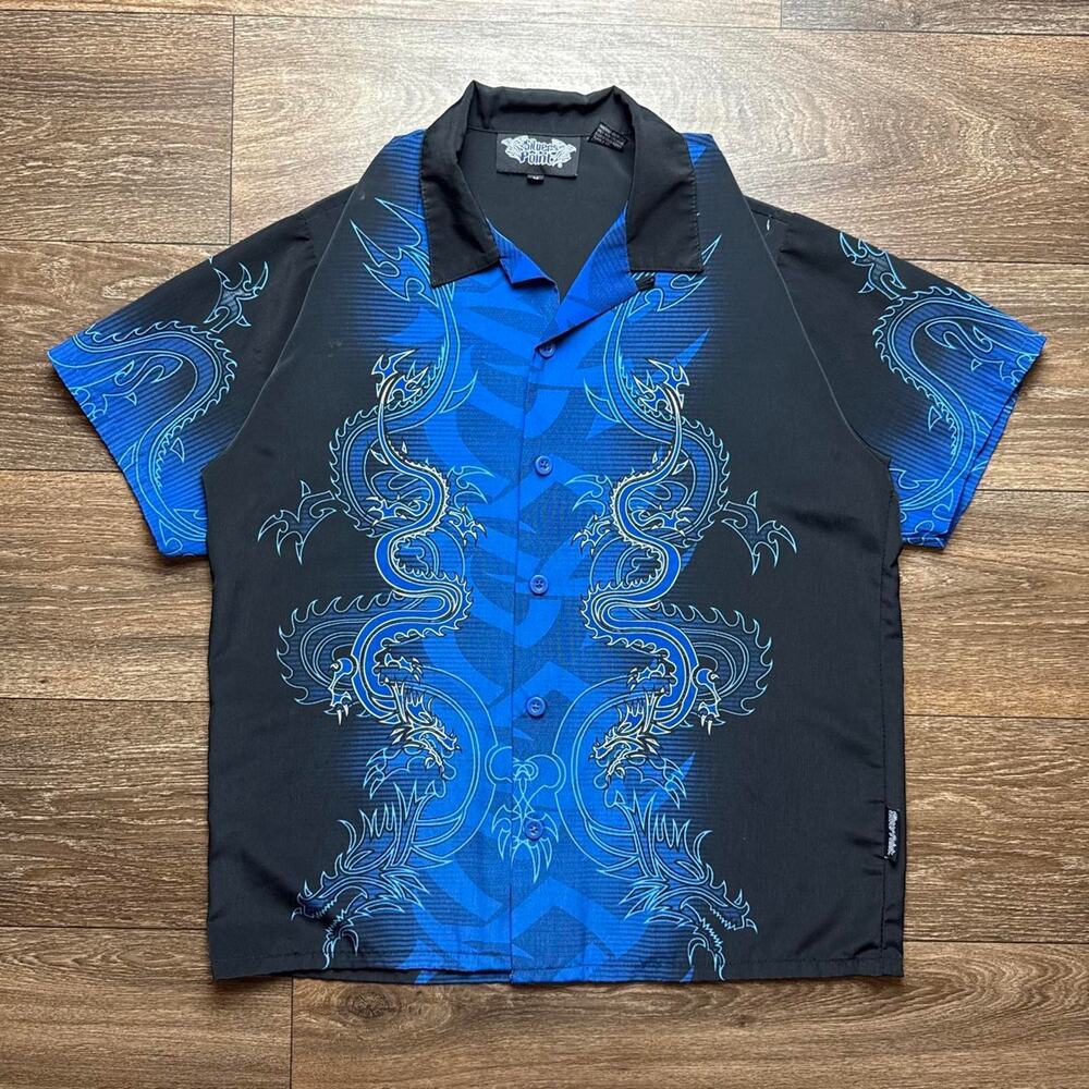 Vintage Y2K Blue & Black Tribal Dragon Graphic Button-Up; White Dragon Graphics